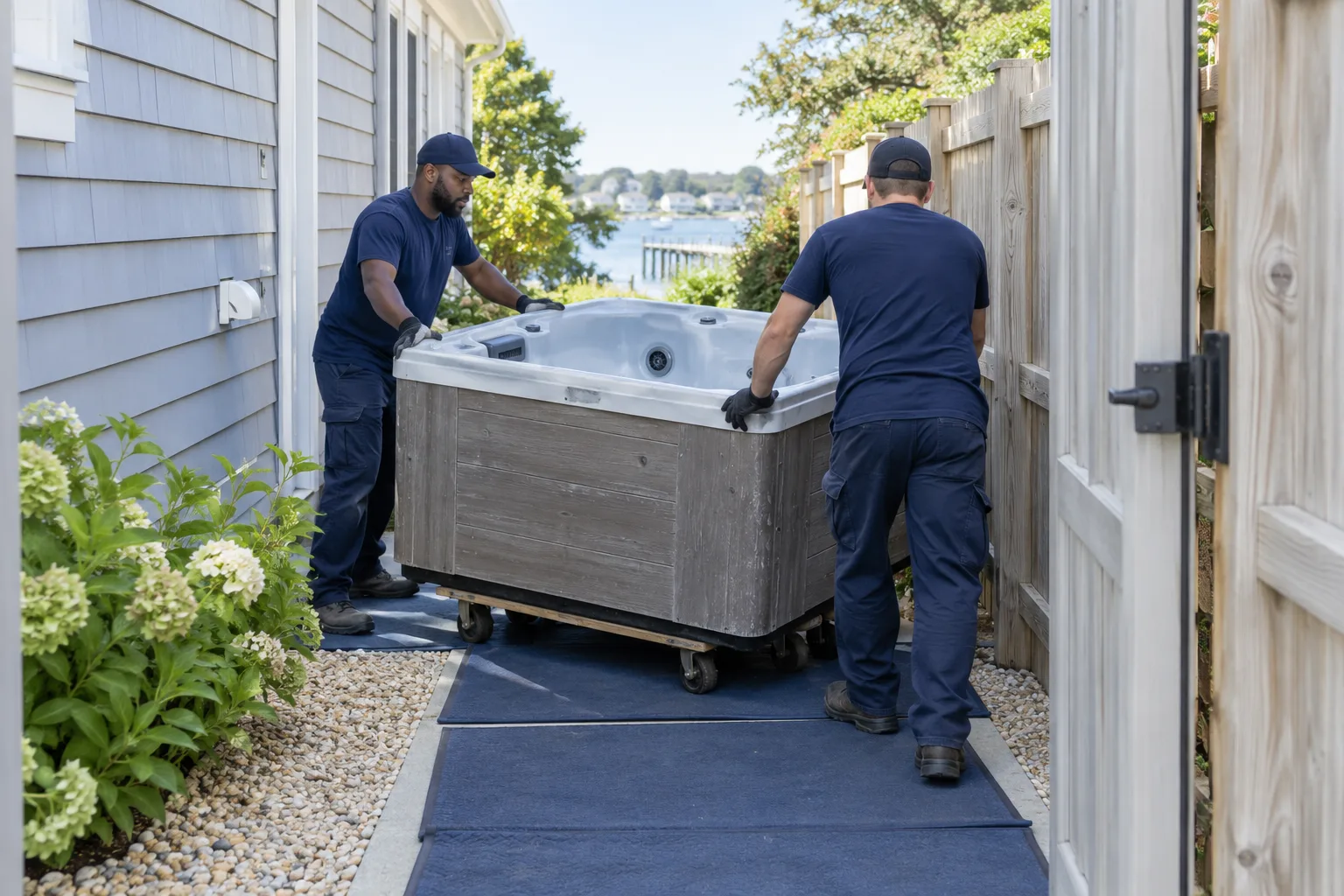 Workers measuring a side gate beside a drained hot tub